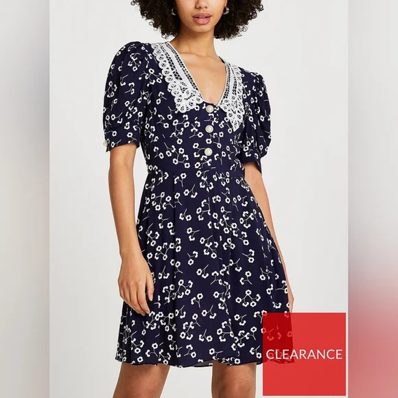 River Island | Dresses | River Island Uk 2 Us 8 Navy Floral Collar Mini  Dress | Poshmark